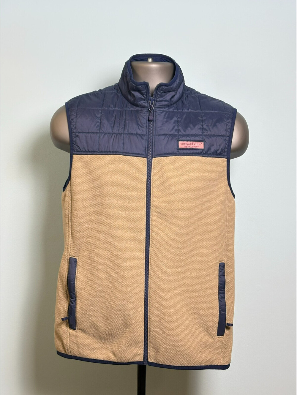 Vineyard Vines Mens Small Hybrid Fleece Vest Tan Navy Quilted Shearling Full Zip